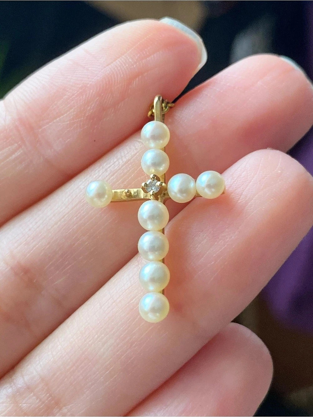 14K Gold Natural Pearl Cross Pendant Necklace